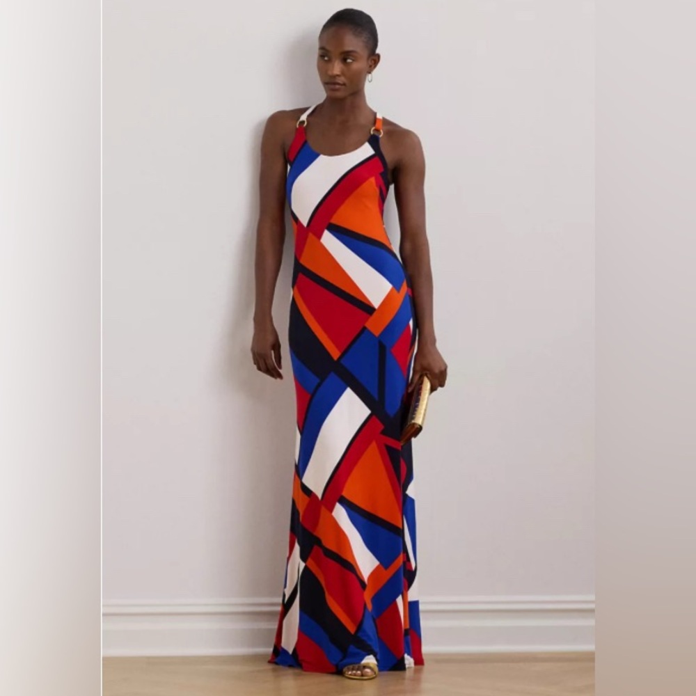 NWT‎ Ralph Lauren Scoop Neck Jersey Knit Geometric Sleeveless O-Rings Maxi Dress